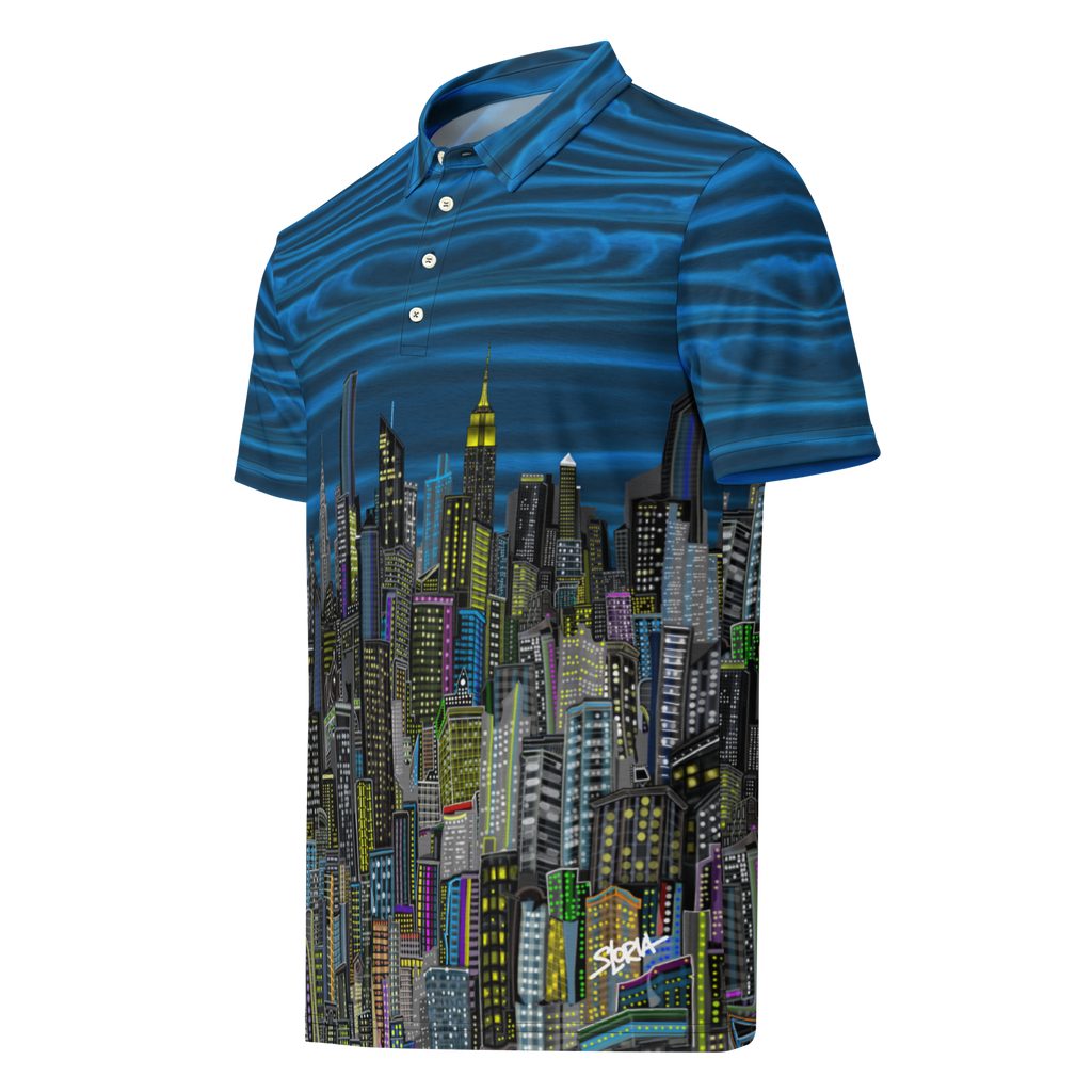 Blue striped polo shirt with Loria NYC Art cityscape design on a white background