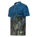 Blue striped polo shirt with Loria NYC Art cityscape design on a white background