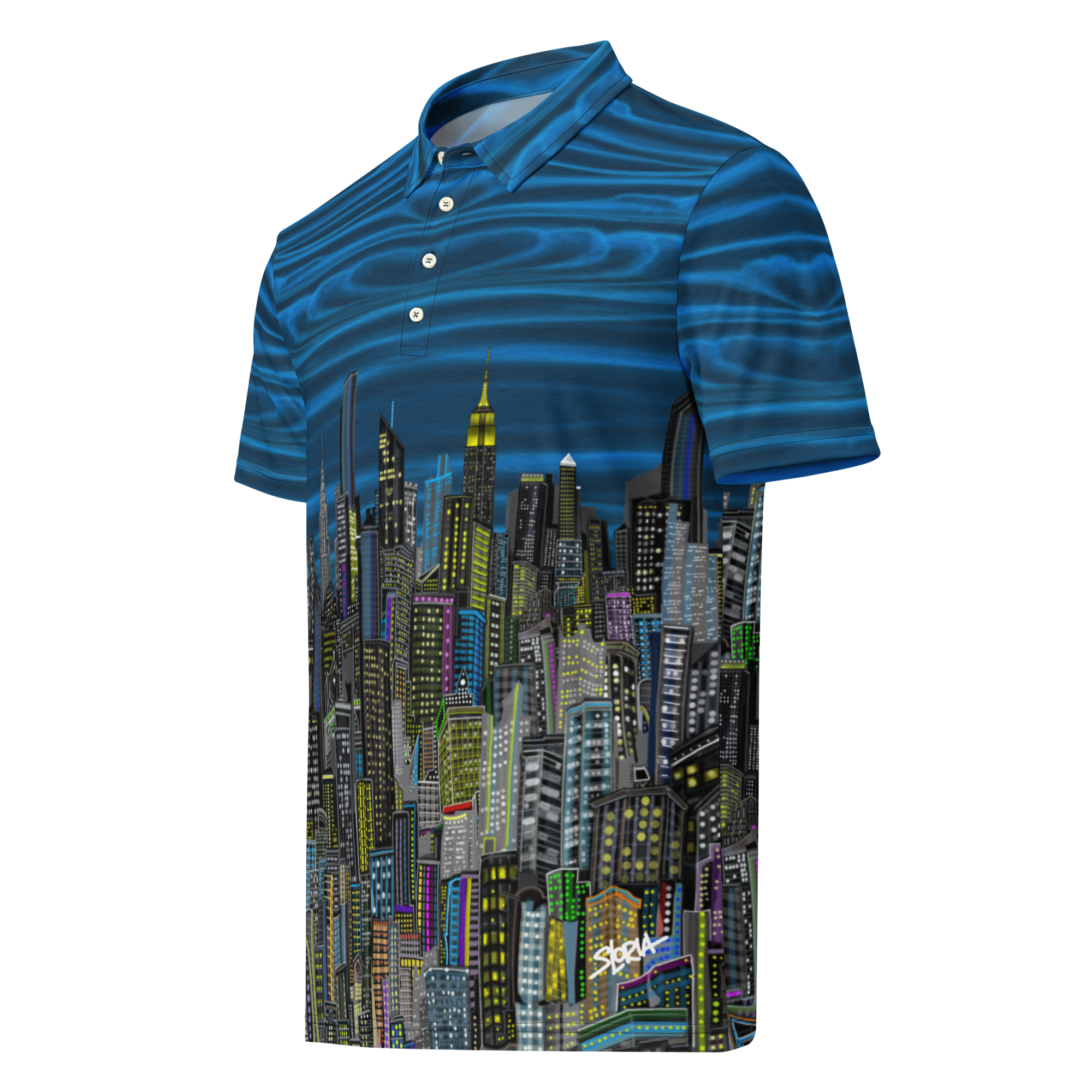 Blue striped polo shirt with Loria NYC Art cityscape design on a white background
