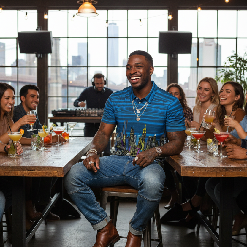 Man wearing colorful Loria NYC Art polo shirt with people sitting around a table with drinks in a modern city setting 