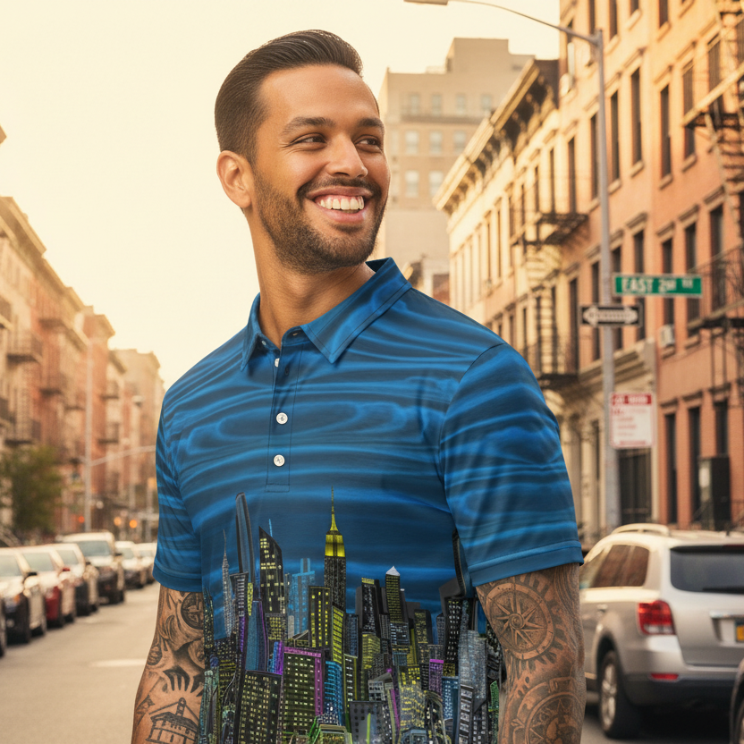 Man wearing a blue polo Loria NYC Art shirt with a cityscape design on a white background