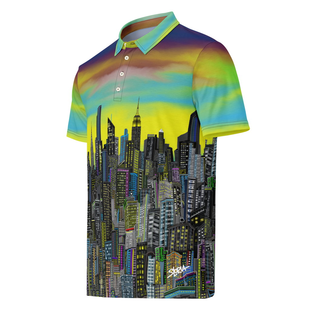 Colorful polo shirt with Loria NYC Art cityscape design on a white background