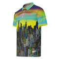 Colorful polo shirt with Loria NYC Art cityscape design on a white background