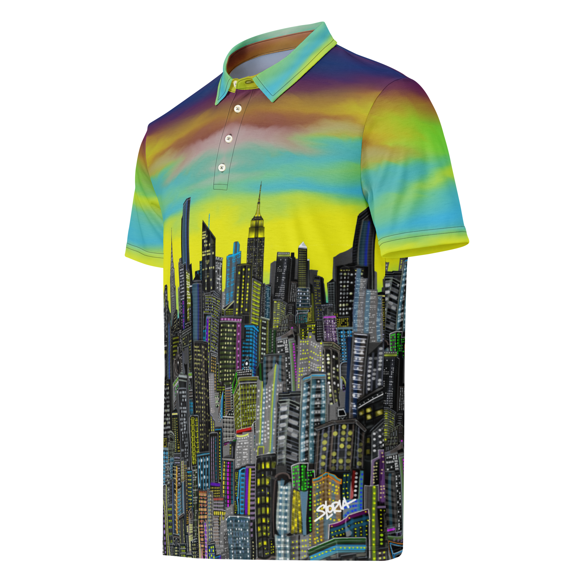 Colorful polo shirt with Loria NYC Art cityscape design on a white background
