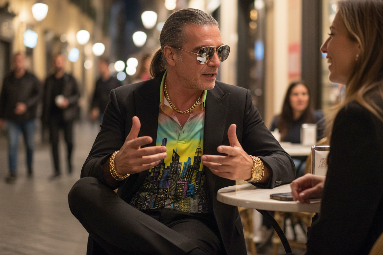 Man in sunglasses and colorful Loria NYC Art shirt talking to a woman in an outdoor setting with blurred background