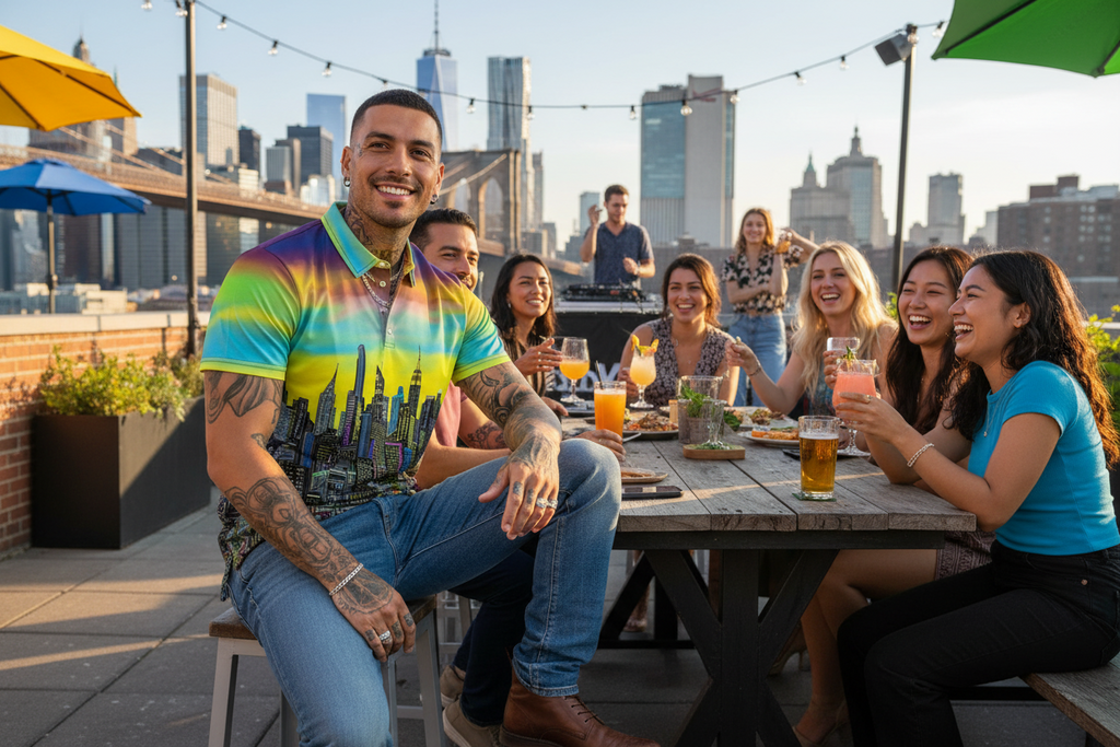Man wearing a colorful Loria NYC Art polo shirt with people enjoying a meal and drinks on a rooftop with city skyline in the background
