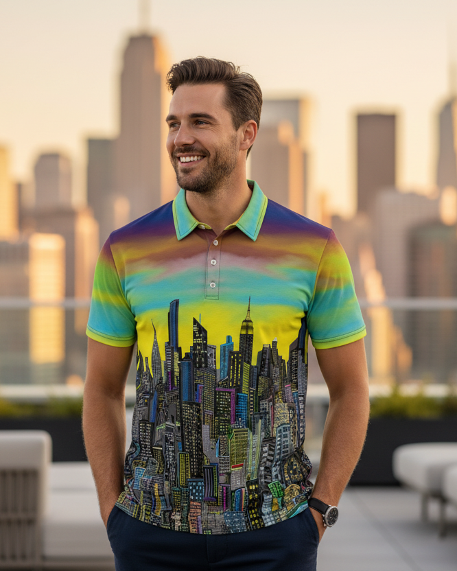 Man wearing a colorful polo  Loria NYC Art shirt with a cityscape design, standing on a rooftop with a city skyline in the background.