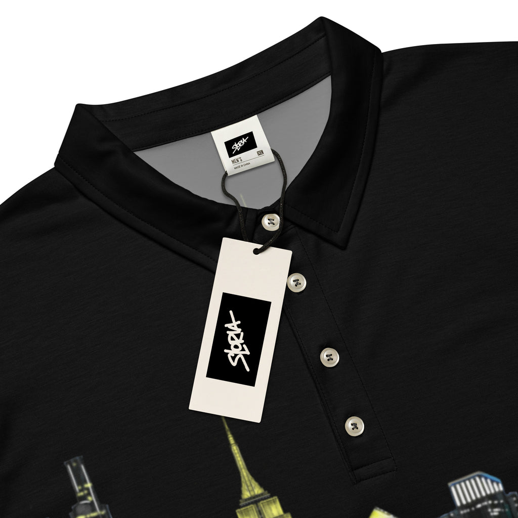 Black polo shirt with New York cityscape design by S. Loria logo