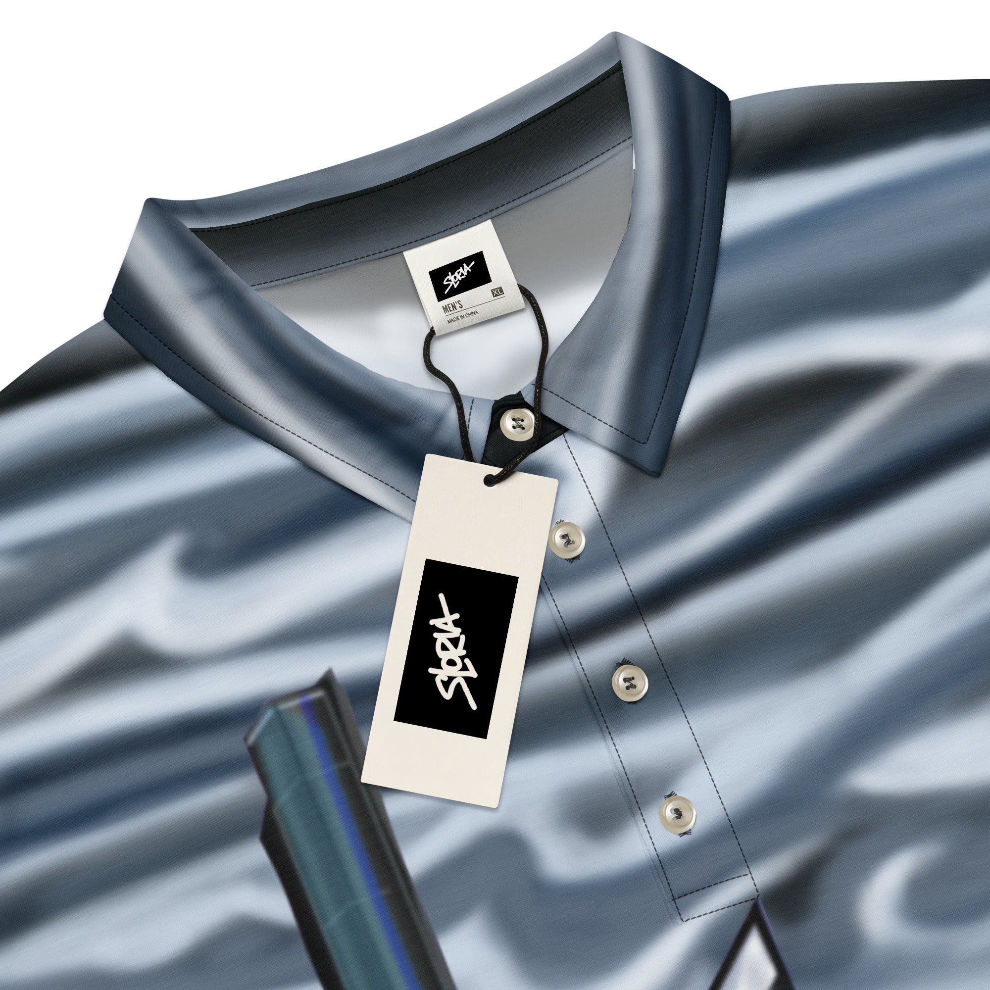 Close-up of a navy and white shirt with a brand S.Loria tag on a white background
