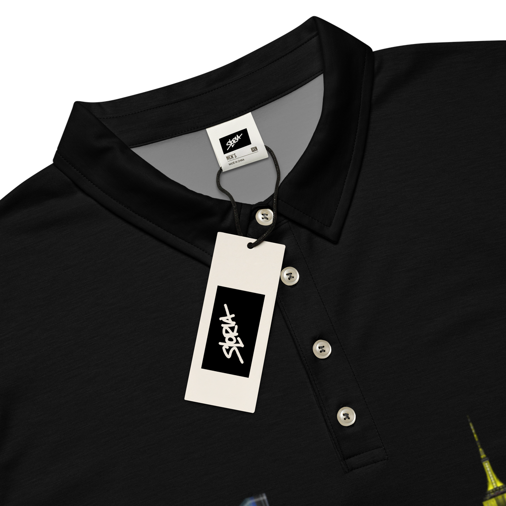 Black polo Loria NYC Art shirt with a brand tag on a white background