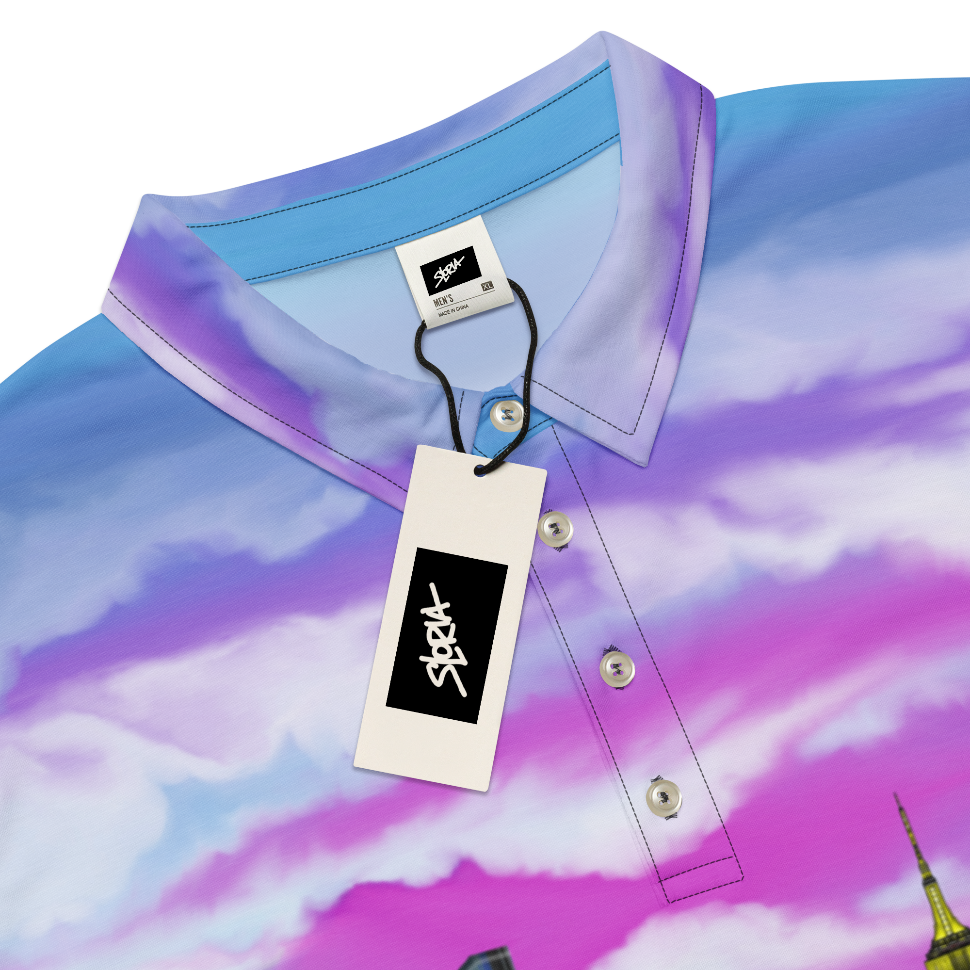 Colorful polo Loria NYC Art shirt with a brand tag on a white background