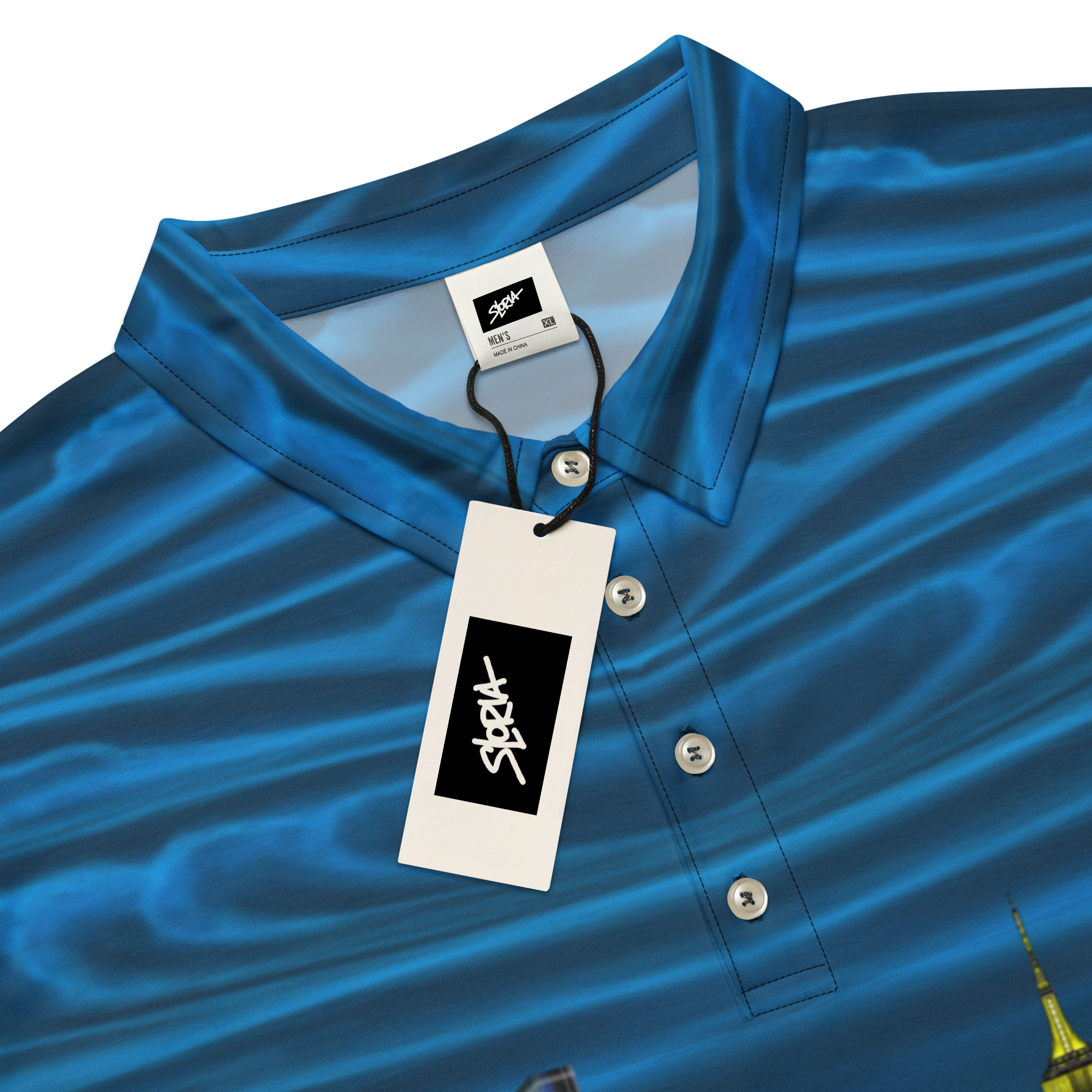 Loria NYC Art Blue shirt with a brand tag on a white background