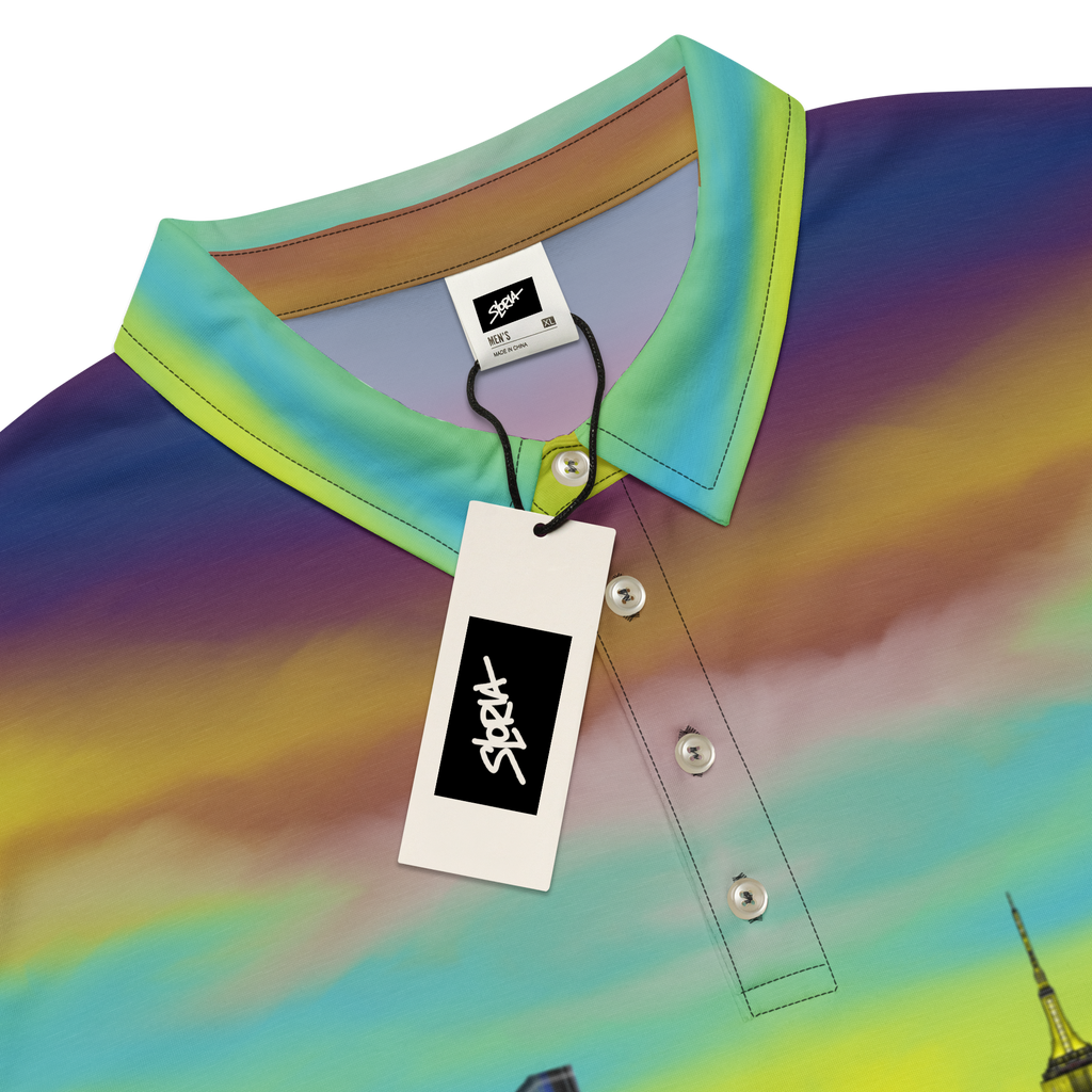 Colorful polo  Loria NYC Art shirt with a brand tag on a white background