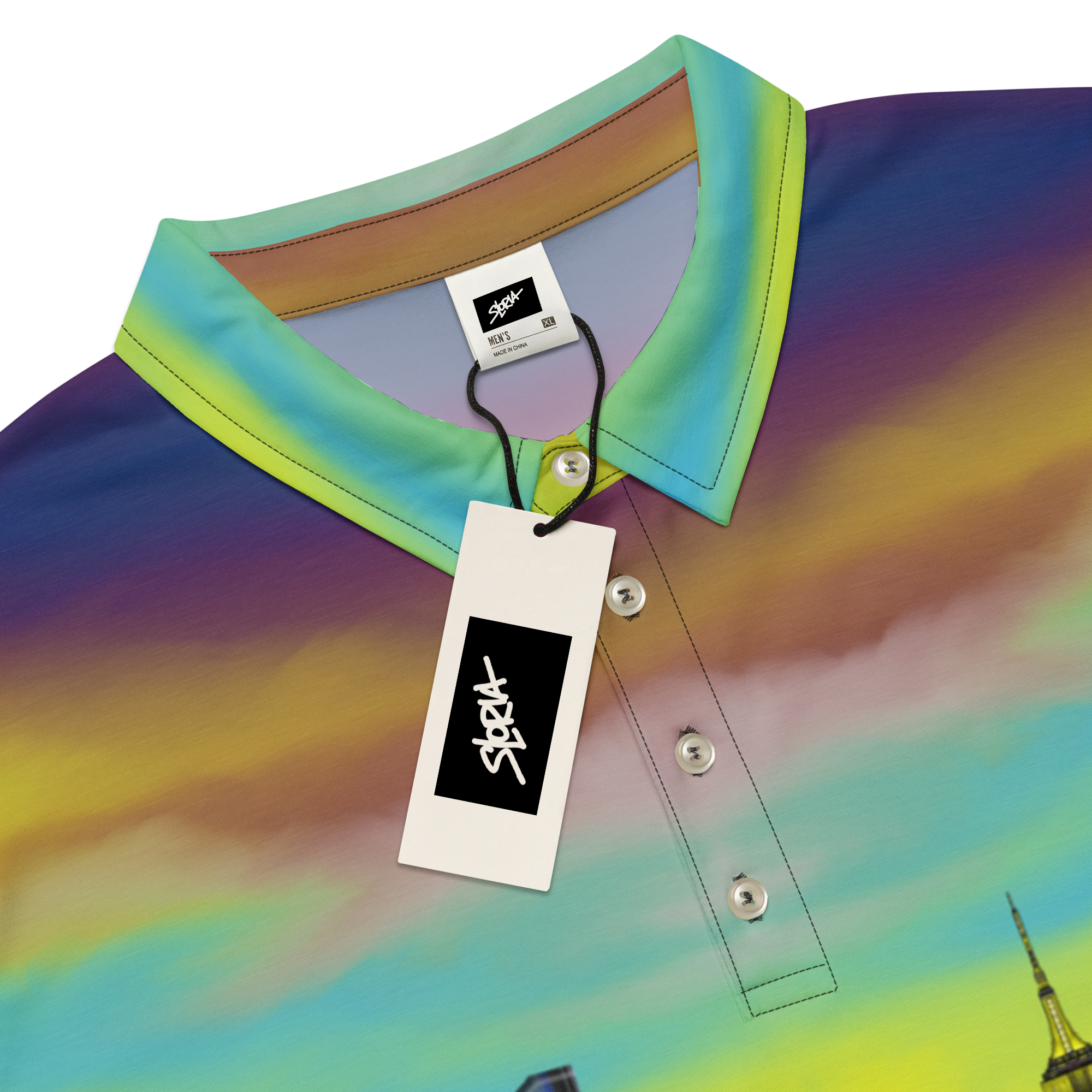 Colorful polo  Loria NYC Art shirt with a brand tag on a white background