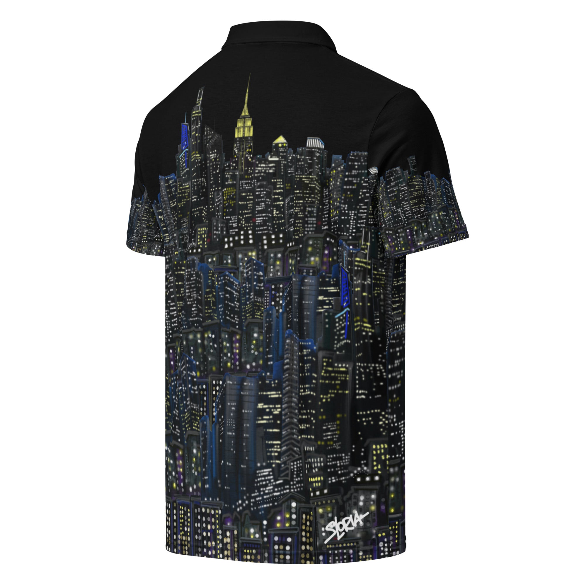 Black polo shirt with Loria NYC Art cityscape design on a white background