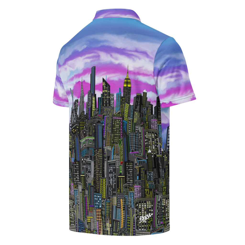 Short-sleeve shirt with a Loria NYC Art cityscape design on a white background
