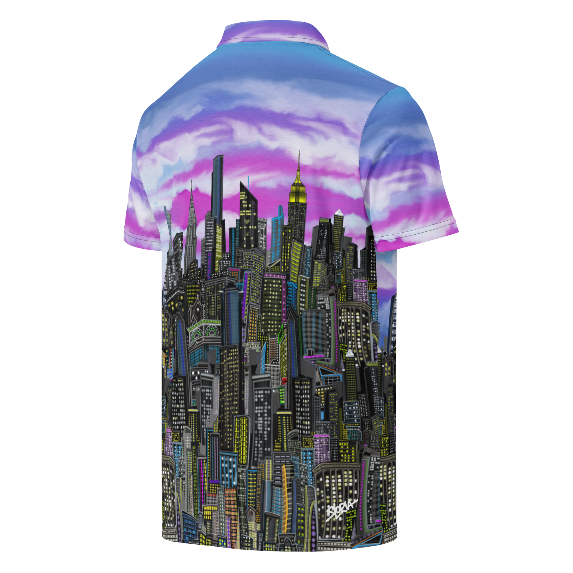 Short-sleeve shirt with a Loria NYC Art cityscape design on a white background
