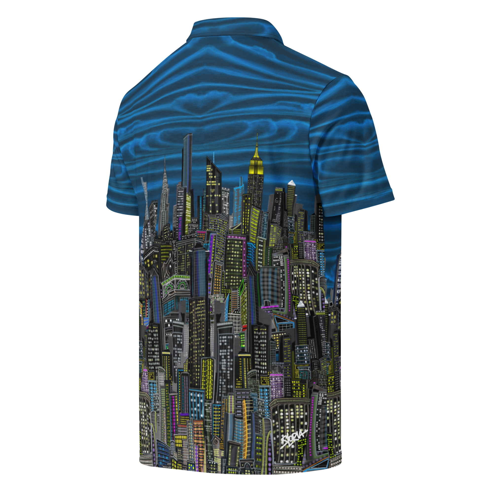 Back side Short-sleeve shirt with a cityscape Loria NYC Art. design on a white background