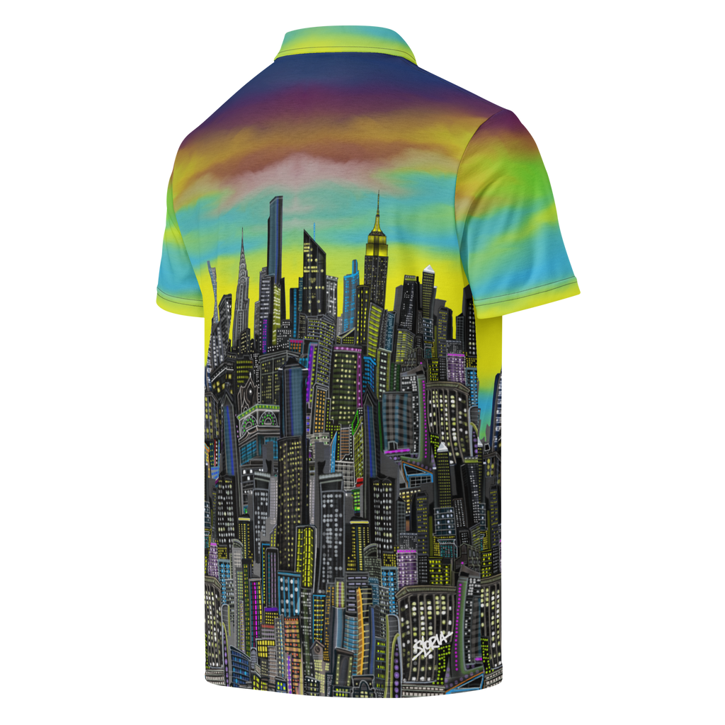 Colorful polo shirt with a cityscape Loria NYC Art design on a white background