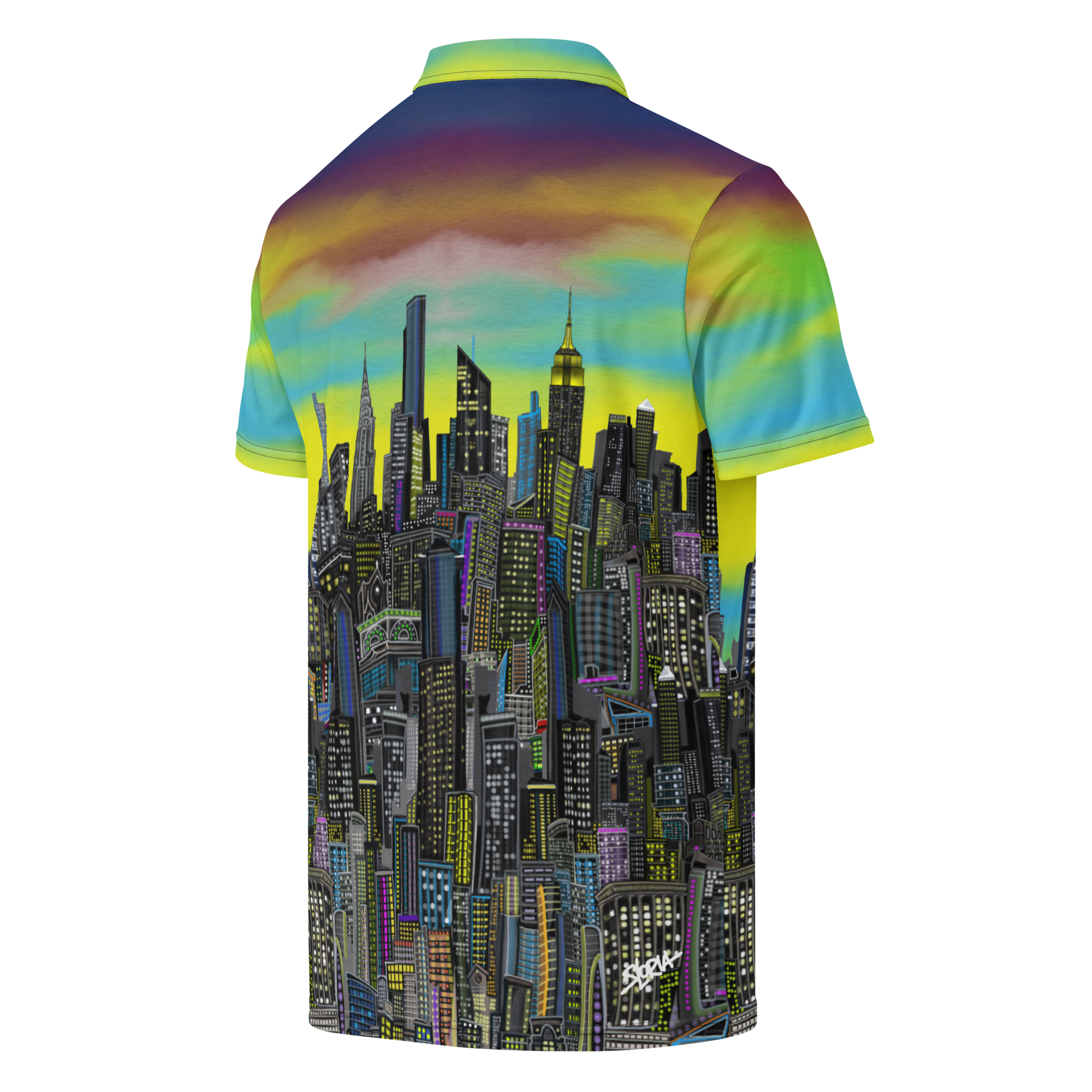 Colorful polo shirt with a cityscape Loria NYC Art design on a white background