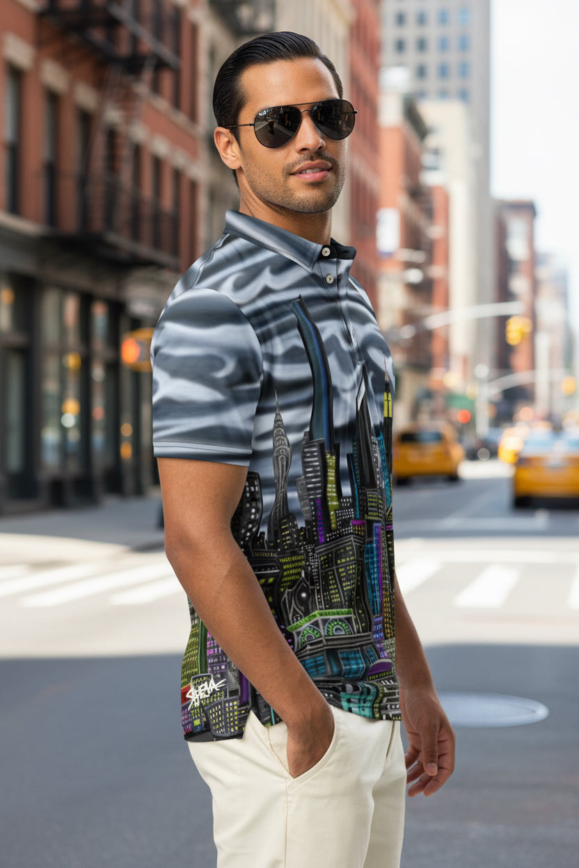 Man wearing a patterned shirt with a Loria NYC Art cityscape design on a urban background