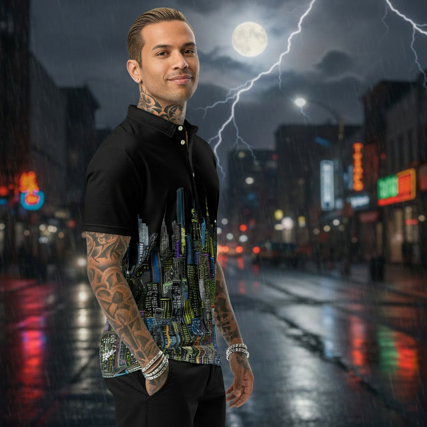 Man wearing a black polo shirt with a Loria NYC Art colorful cityscape design with nighttime urban setting 