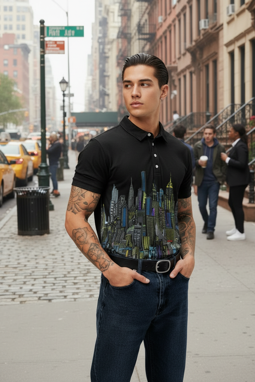 Person wearing a black polo shirt with cityscape Loria NYC Art design and beige cap 