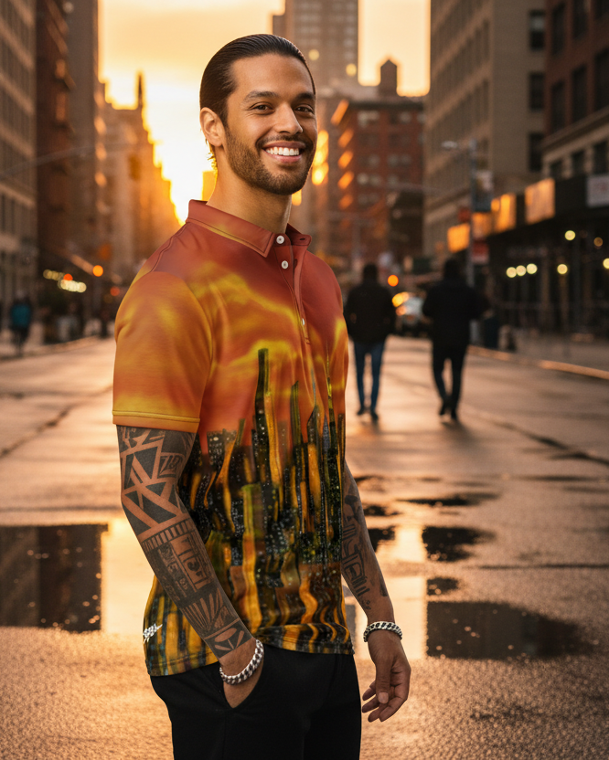 Man wearing a colorful polo shirt with a cityscape Loria NYC Art design on a urban street  