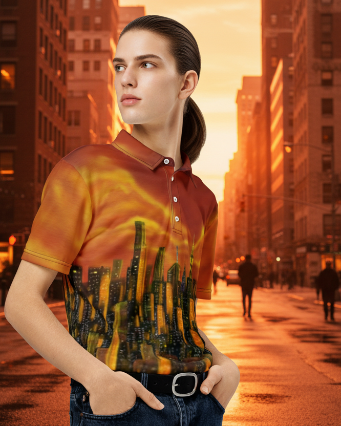 Person wearing a shirt with a Loria NYC Art cityscape design on a city street at sunset.