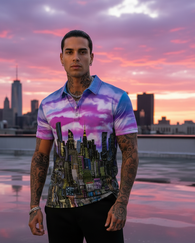 Man wearing a colorful tie-dye Loria NYC Art polo shirt with a cityscape design on a roof top