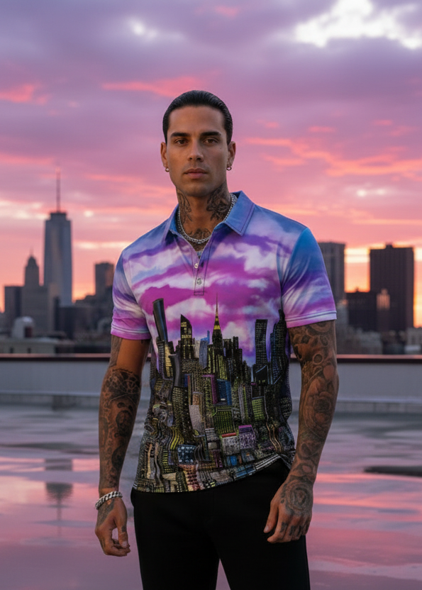 Man wearing a Loria NYC Art polo standing on a rooftop with a city skyline and pink sunset in the background
