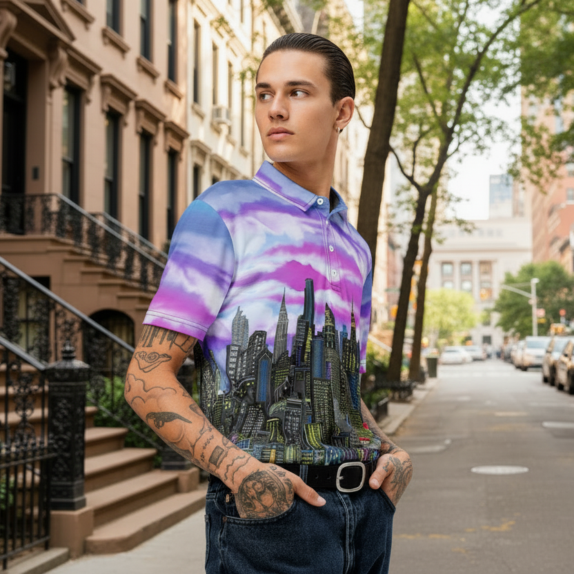 Person wearing a colorful Loria NYC Art shirt with a cityscape design on a street.