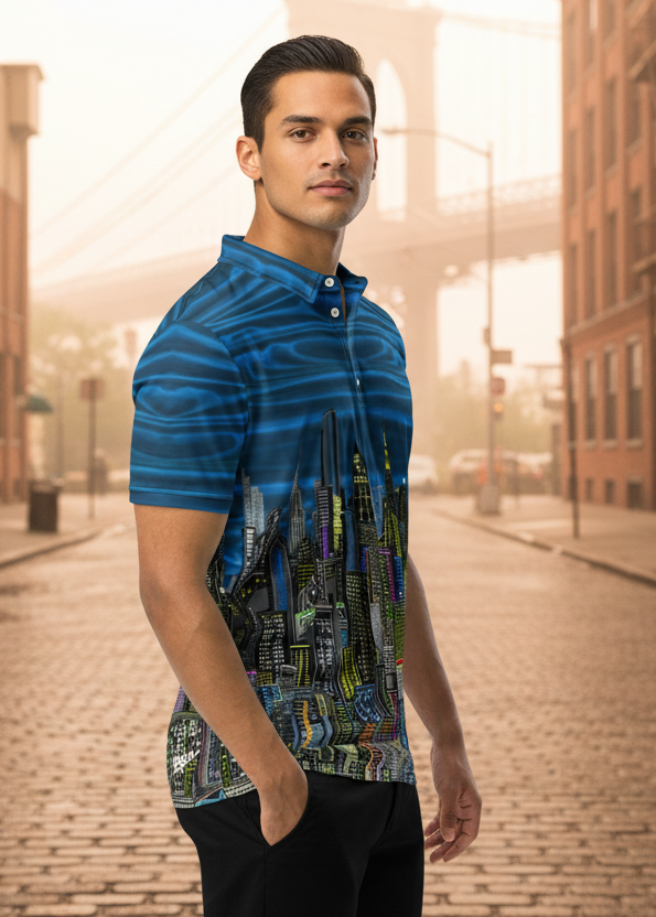 Man wearing a blue cityscape Loria NYC Art blue shirt on a urban street