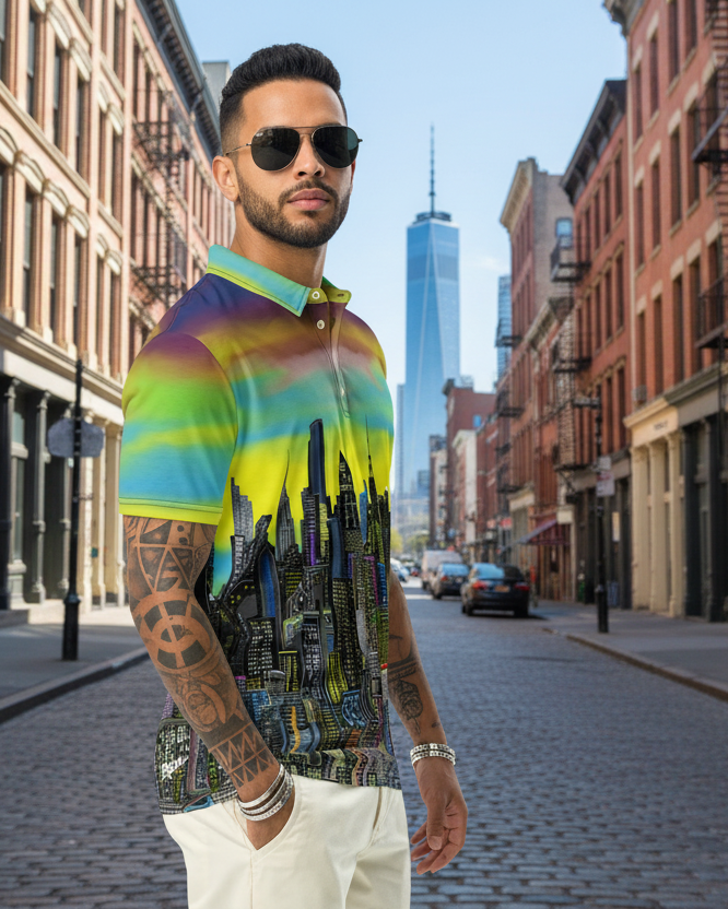 Man wearing a colorful polo shirt with a cityscape  Loria NYC Art design on a urban background