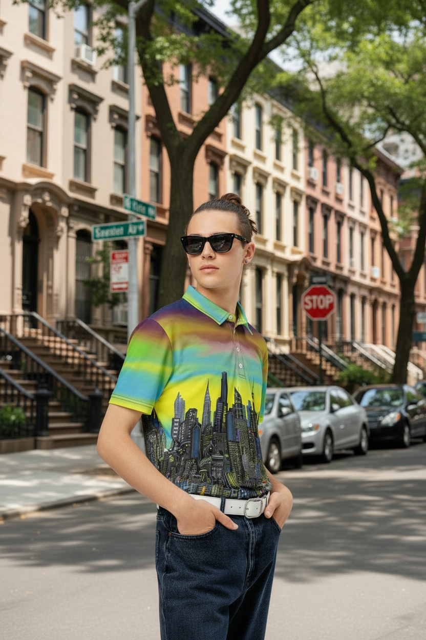Person wearing a colorful polo Loria NYC Art shirt with a cityscape design on a urban background