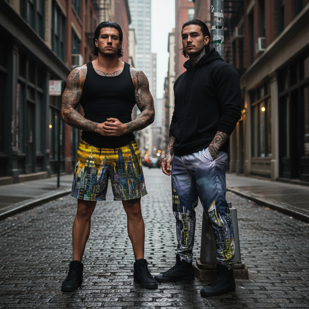 Two men standing on a city street wearing colorful Loria NYC Art pants and shorts.