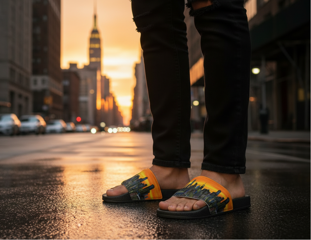 A person wearing black slide Loria NYC Art sandals with a yellow and black city skyline print, standing on a wet city street at sunset with the Empire State Building in the background.