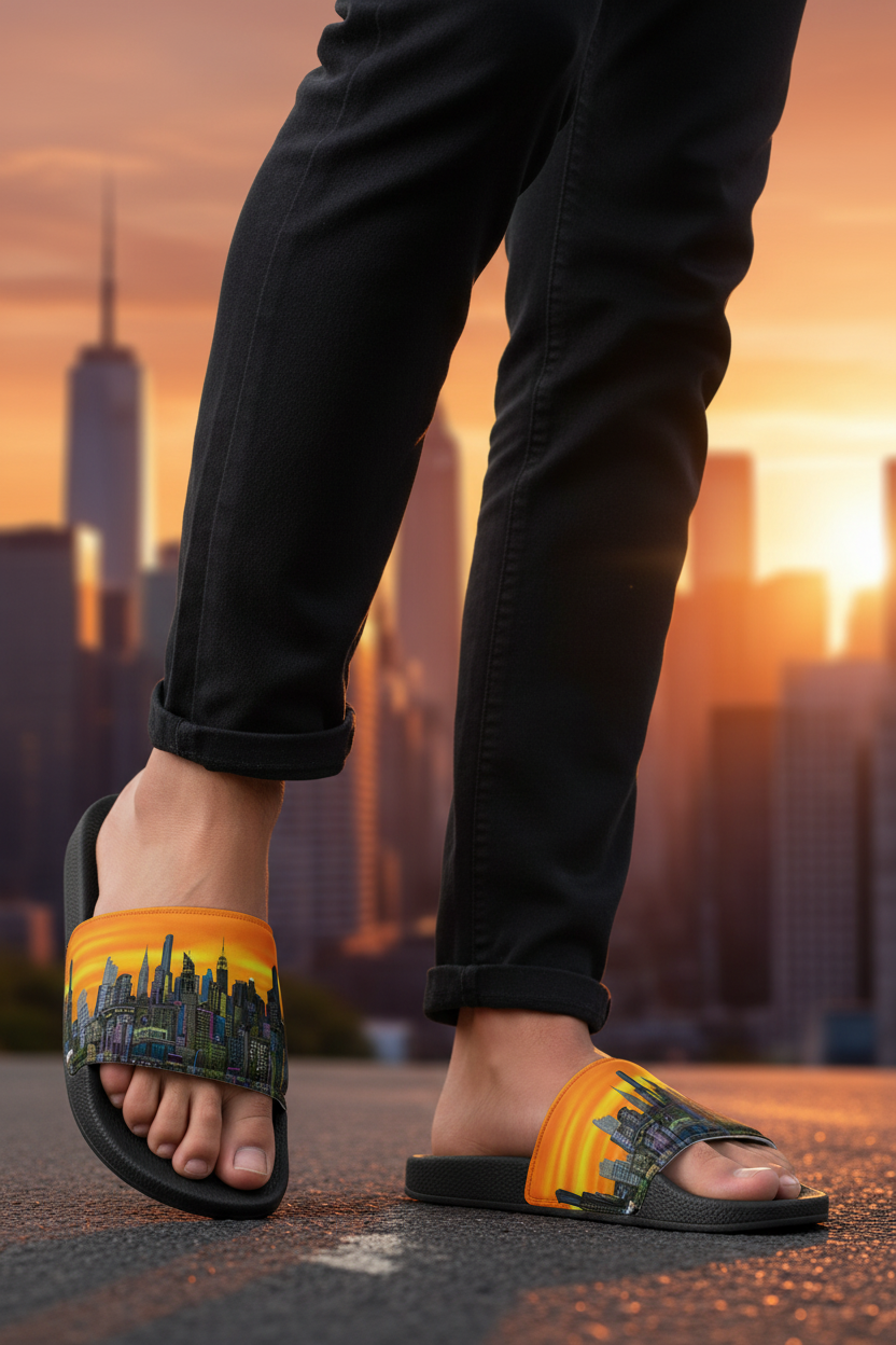 Man posing in  Loria NYC Art sandals on a city street at sunset.
