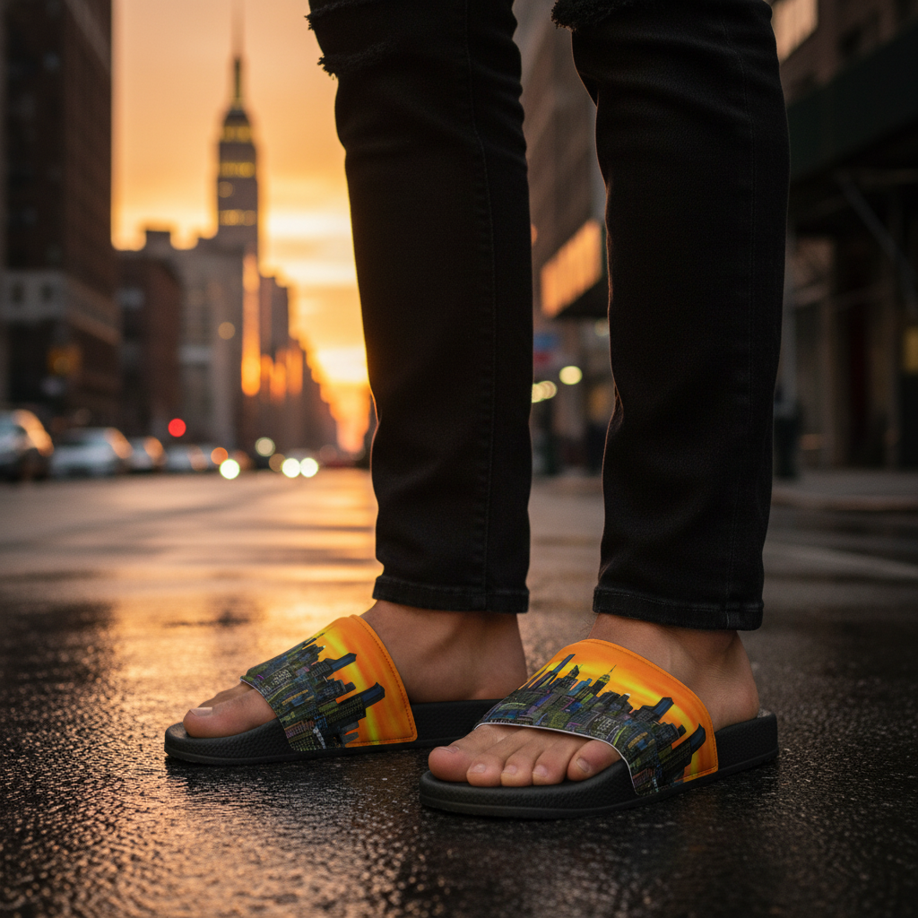 Person wearing sandals with Loria NYC Art cityscape design on a street at sunset.