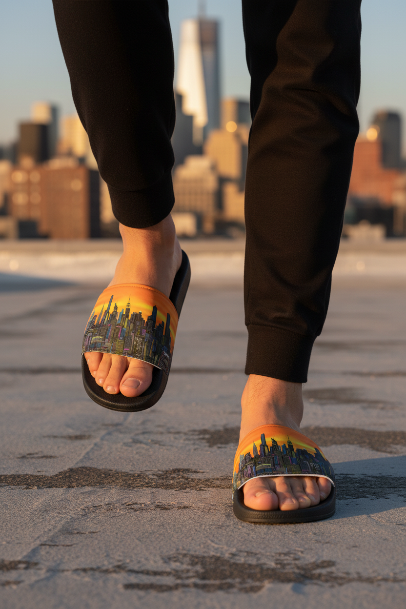 Person in black pants wearing  Loria NYC Art sandals on a city street at sunset walking forward.