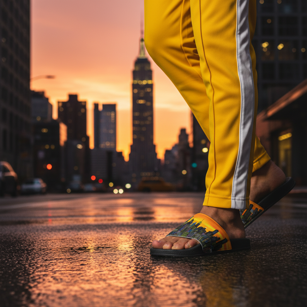 Person wearing yellow pants and Loria NYC Art sandals on a city street at sunset.