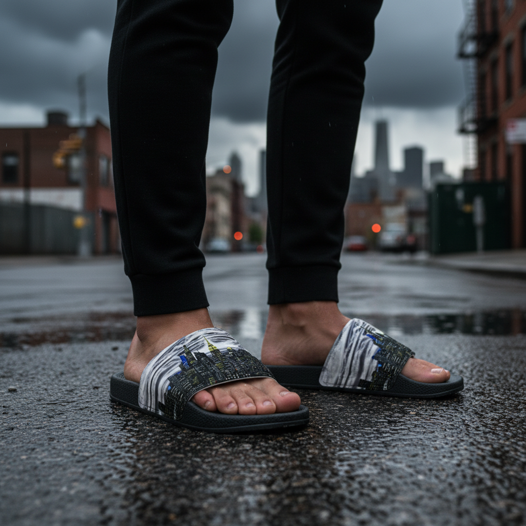 Person wearing black slides with white Loria NYC Art on a city street.