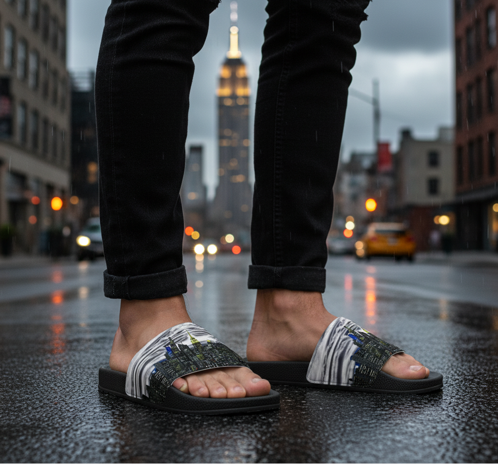 Person wearing Loria NYC Art sandals on a city street with blurred background