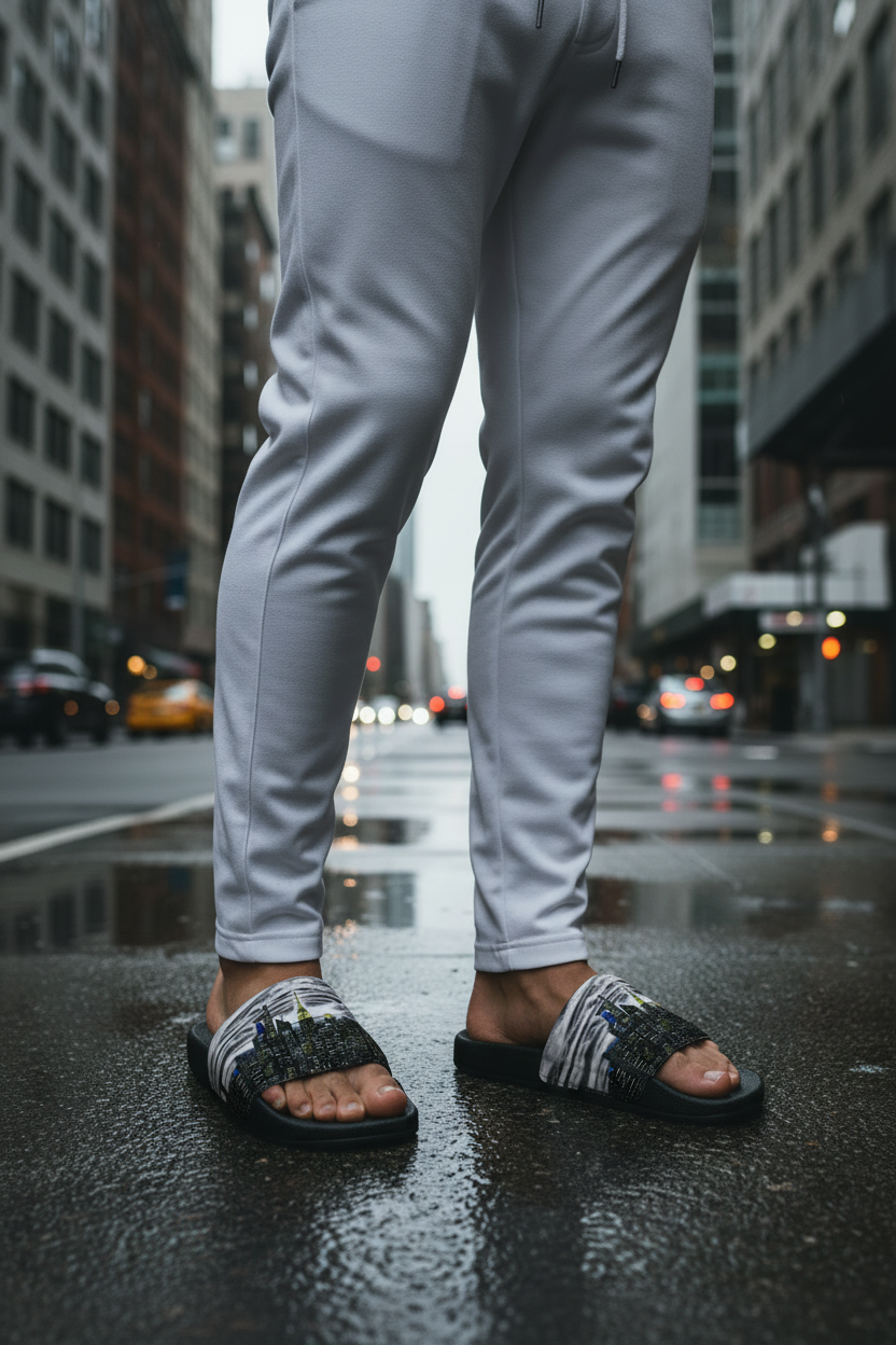 White and black Loria NYC Art slides in an urban setting