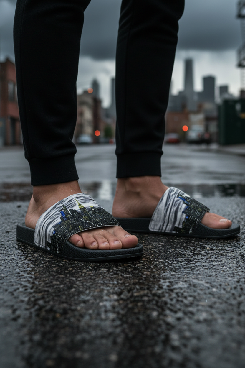 Colorful Loria NYC Art slides being worn in an urban wet street setting.