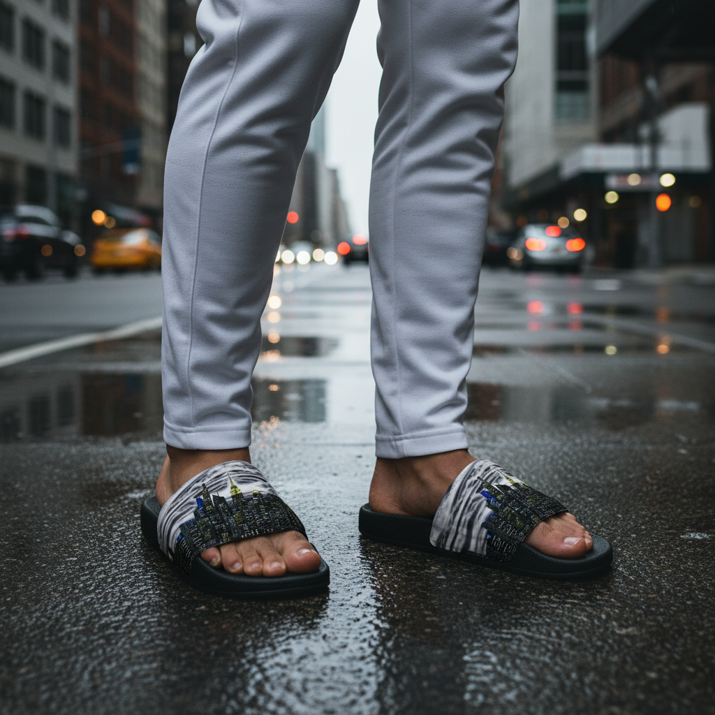 Person wearing white pants and black Loria NYC Art sandals on a wet city street.