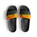 Black slide sandals with a colorful cityscape Loria NYC Art design on a white background