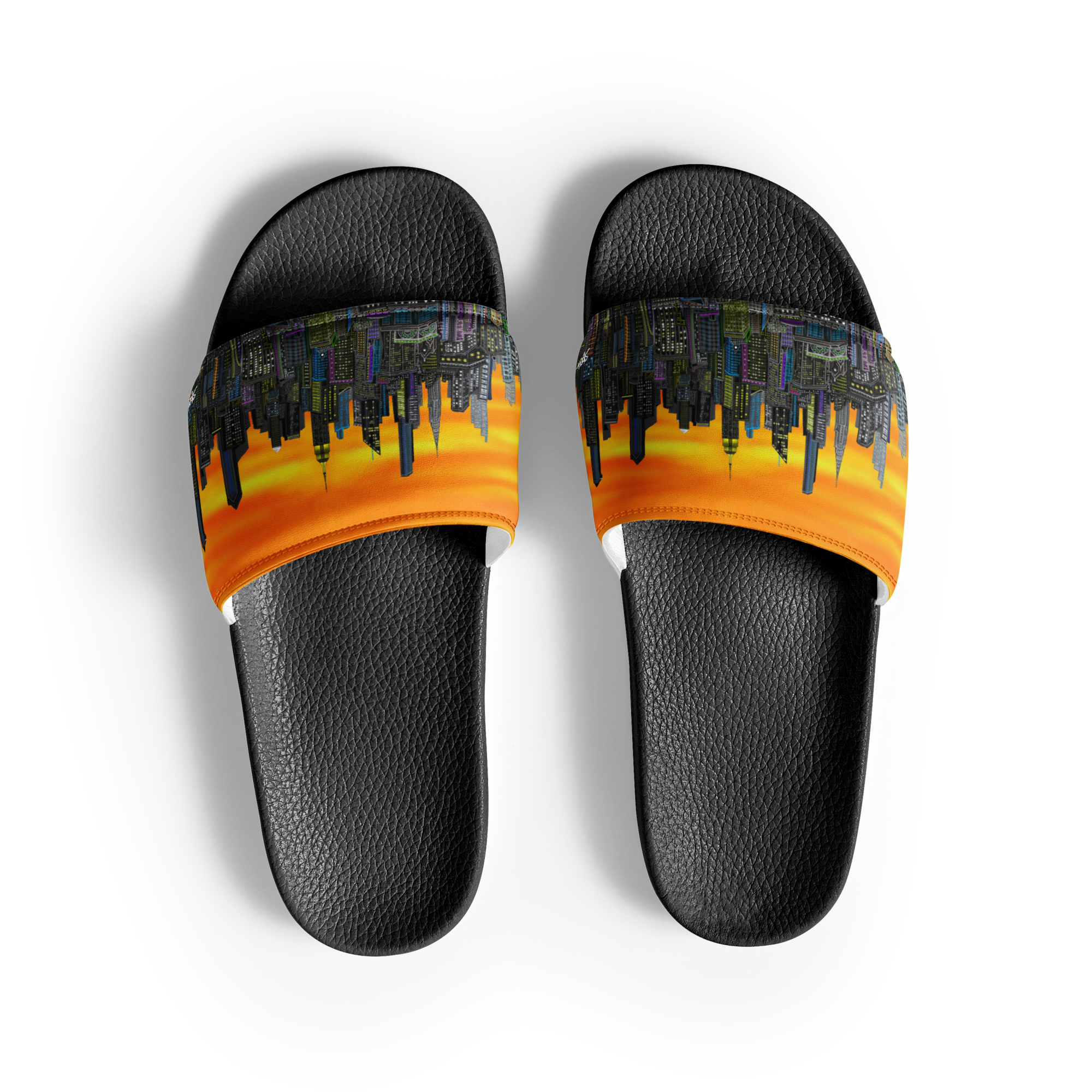 Black slide sandals with a colorful cityscape Loria NYC Art design on a white background