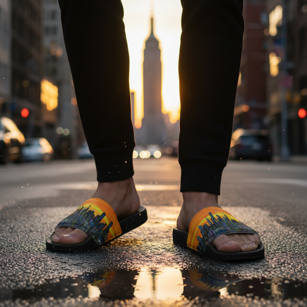 Person wearing colorful Loria NYC Art sandals on a city street with blurred background