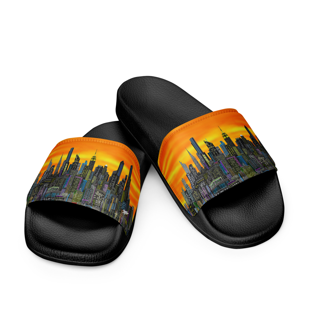 Black slide sandals with cityscape Loria NYC Art design on an orange background